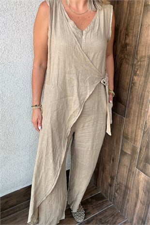 İTALYAN FERMUARLI YANDAN BAĞLAMALI KOLSUZ TULUM - Camel