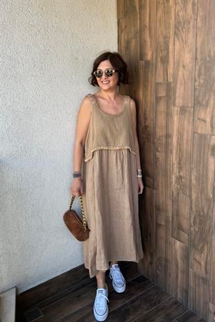 İTALYAN FİLE DETAYLI KALIN ASKILI ELBİSE - Camel