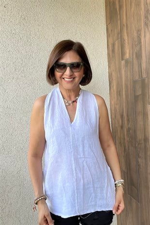 İTALYAN KETEN SIRT ÇAPRAZ BLUZ - Beyaz