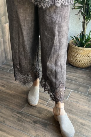 İTALYAN PAÇA DANTELLİ PANTOLON - Kahve