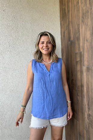 İTALYAN V YAKA KOLSUZ KETEN BLUZ