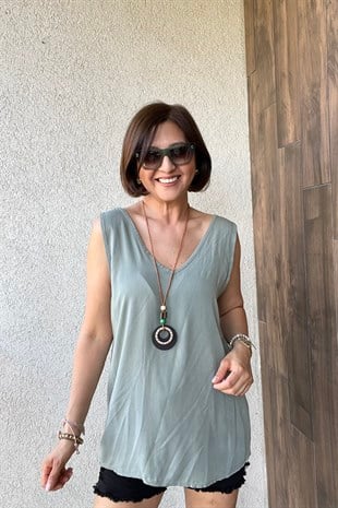 İTALYAN VİSKON KOLYELİ BLUZ - Yeşil 