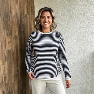 JAKARLI ÇİZGİLİ İNCE TRİKO - Bej Lacivert