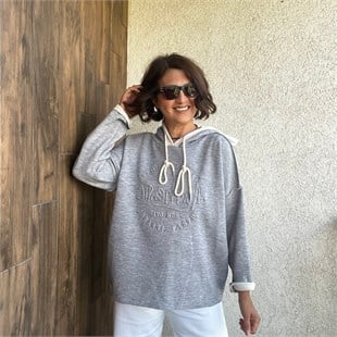 KABARTMA YAZI DETAYLI ÇELİK ÖRGÜ KAPÜŞONLU SWEATSHIRT - Gri