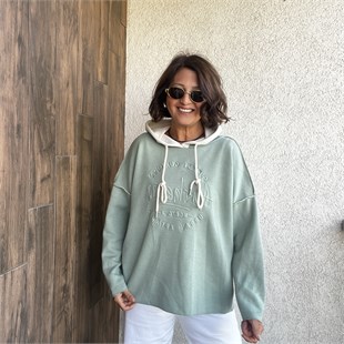 KABARTMA YAZI DETAYLI ÇELİK ÖRGÜ KAPÜŞONLU SWEATSHIRT - Mint Yeşili