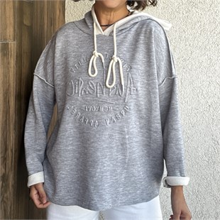 KABARTMA YAZI DETAYLI ÇELİK ÖRGÜ KAPÜŞONLU SWEATSHIRT - Gri