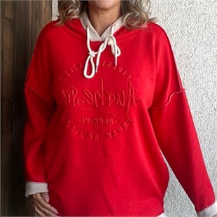 KABARTMA YAZI DETAYLI ÇELİK ÖRGÜ KAPÜŞONLU SWEATSHIRT - Kırmızı
