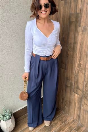 KEMERLİ PALAZZO PANTOLON - Lacivert