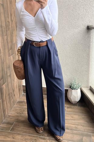 KEMERLİ PALAZZO PANTOLON - Lacivert