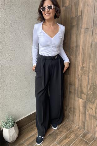 KEMERLİ PALAZZO PANTOLON - Siyah