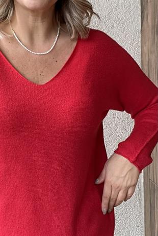 KIRMIZI V YAKA İTALYAN VİSCOSE KAZAK