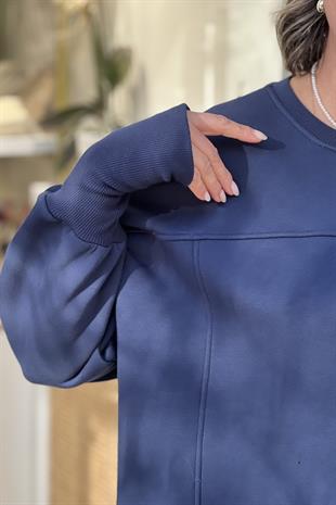 KOL DETAYLI LACİVERT  OVERSİZE SWEATSHIRT