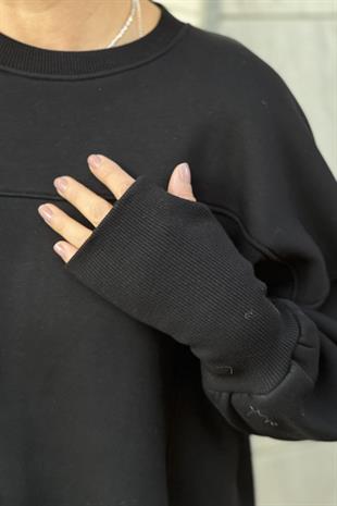 KOL DETAYLI SİYAH OVERSİZE SWEATSHIRT