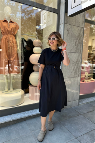 KOYU LACİVERT PARAŞÜT KUMAŞ GARNİLİ ELBİSE