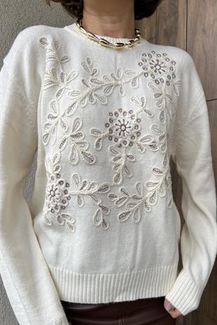 NAKIŞ İŞLEMELİ PREMİUM İTALYAN EKRU KAZAK