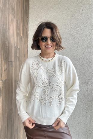 NAKIŞ İŞLEMELİ PREMİUM İTALYAN EKRU KAZAK