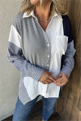 ORİJİNAL MODEL KOLLARI TAŞLI TASARIM GÖMLEK - Lacivert