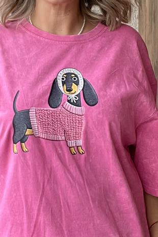 PEMBE YIKAMALI KÖPEK BASKILI TİŞÖRT