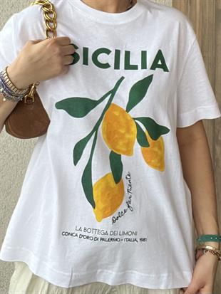 SICILIA BASKILI BEYAZ TİŞÖRT
