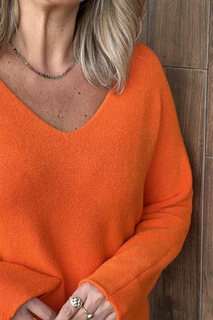 TURUNCU V YAKA İTALYAN VİSCOSE KAZAK