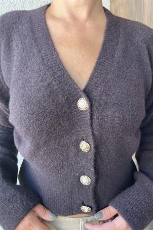 V YAKA DÜĞMELİ ACI KAHVE TRİKO HIRKA