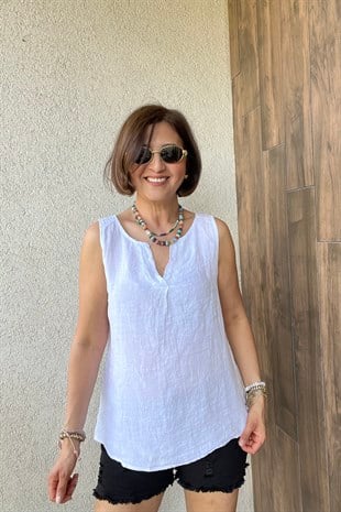 İTALYAN V YAKA KOLSUZ KETEN BLUZ 