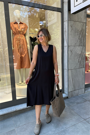 V YAKA SİYAH TENCEL KUMAŞ ELBİSE