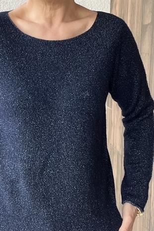 YUVARLAK YAKA SİMLİ LACİVERT İTALYAN KAZAK