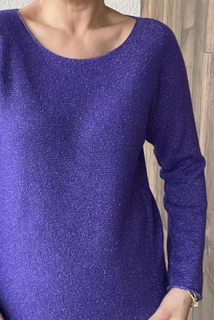 YUVARLAK YAKA SİMLİ MOR İTALYAN KAZAK