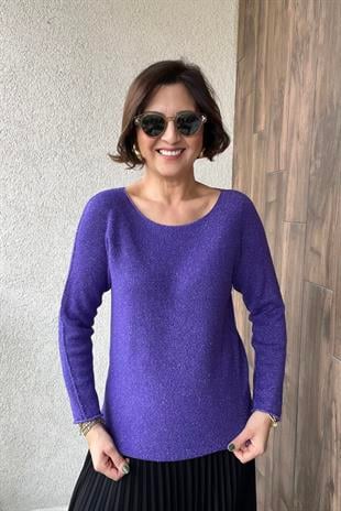 YUVARLAK YAKA SİMLİ MOR İTALYAN KAZAK