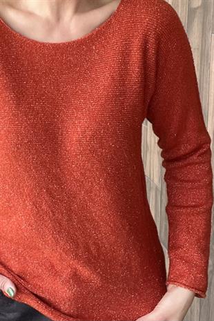 YUVARLAK YAKA SİMLİ TURUNCU İTALYAN KAZAK