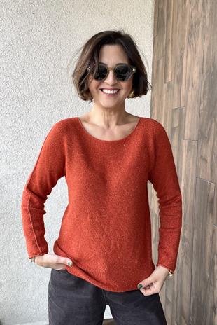 YUVARLAK YAKA SİMLİ TURUNCU İTALYAN KAZAK