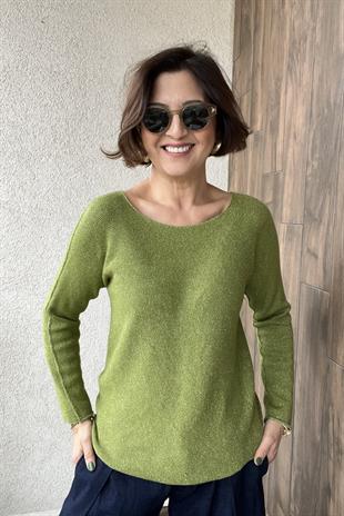 YUVARLAK YAKA SİMLİ YEŞİL İTALYAN KAZAK