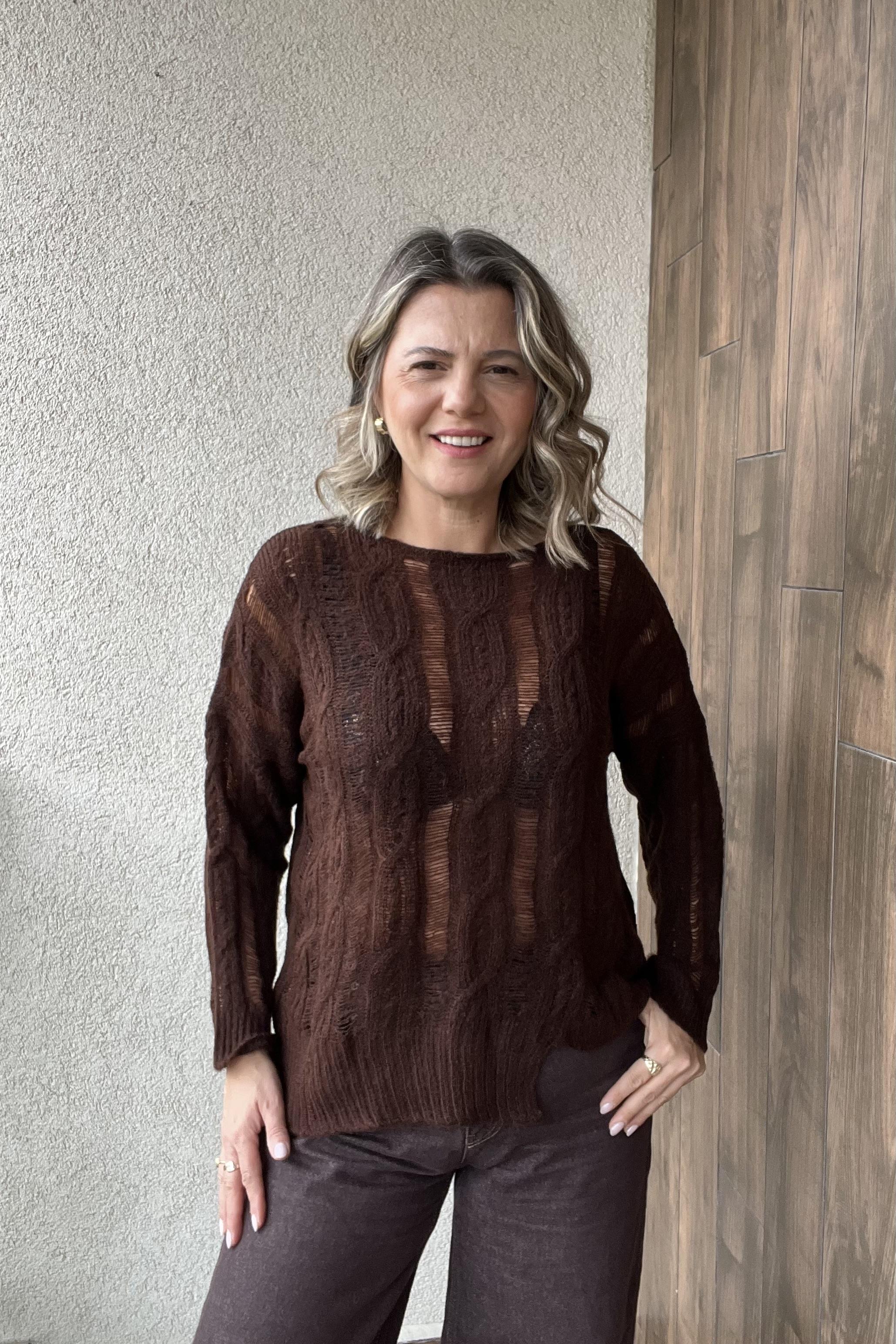 AJURLU SAÇ ÖRGÜLÜ KAHVE KAZAK