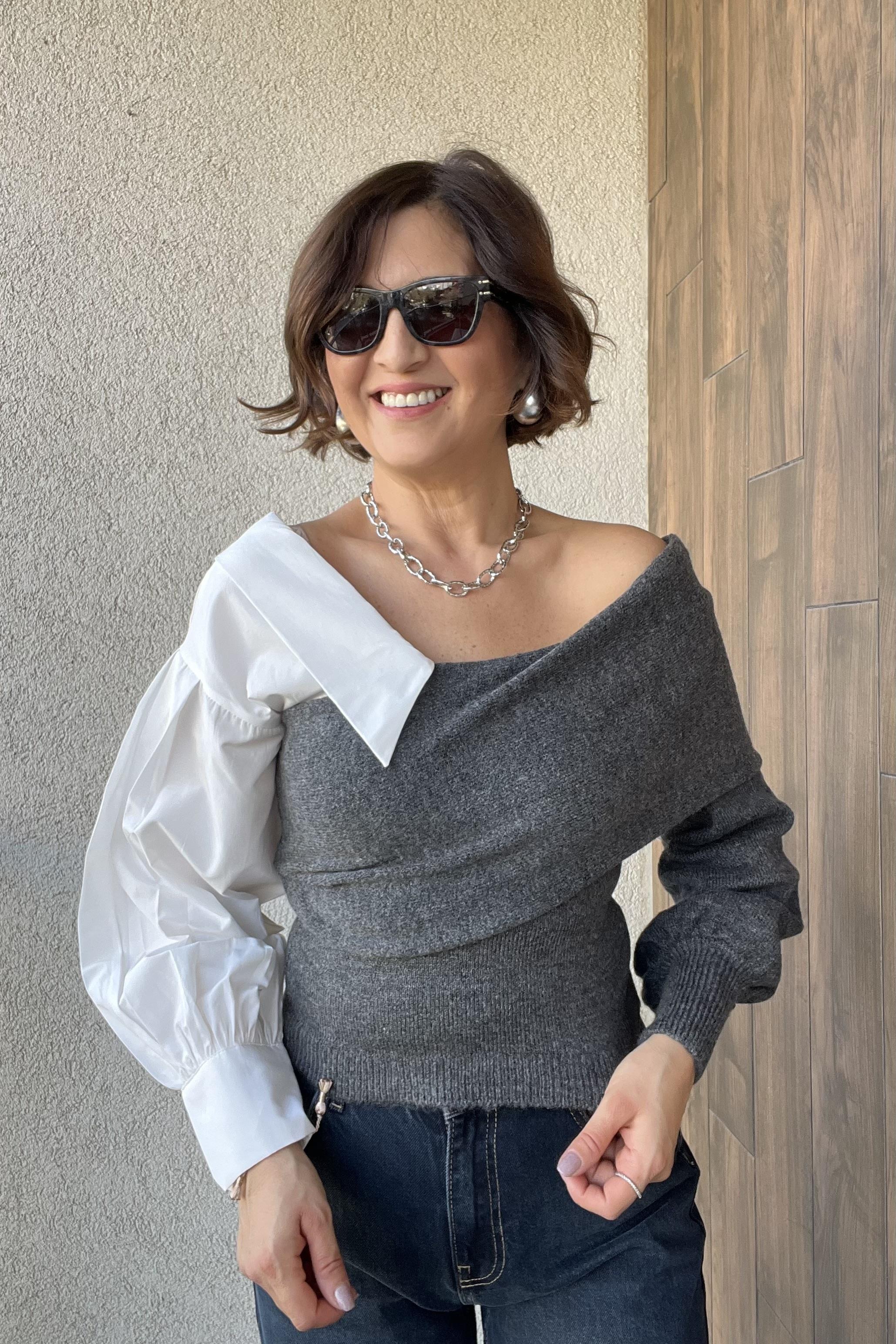 ANTRASİT YAKA GÖMLEK DETAYLI TRİKO KAZAK