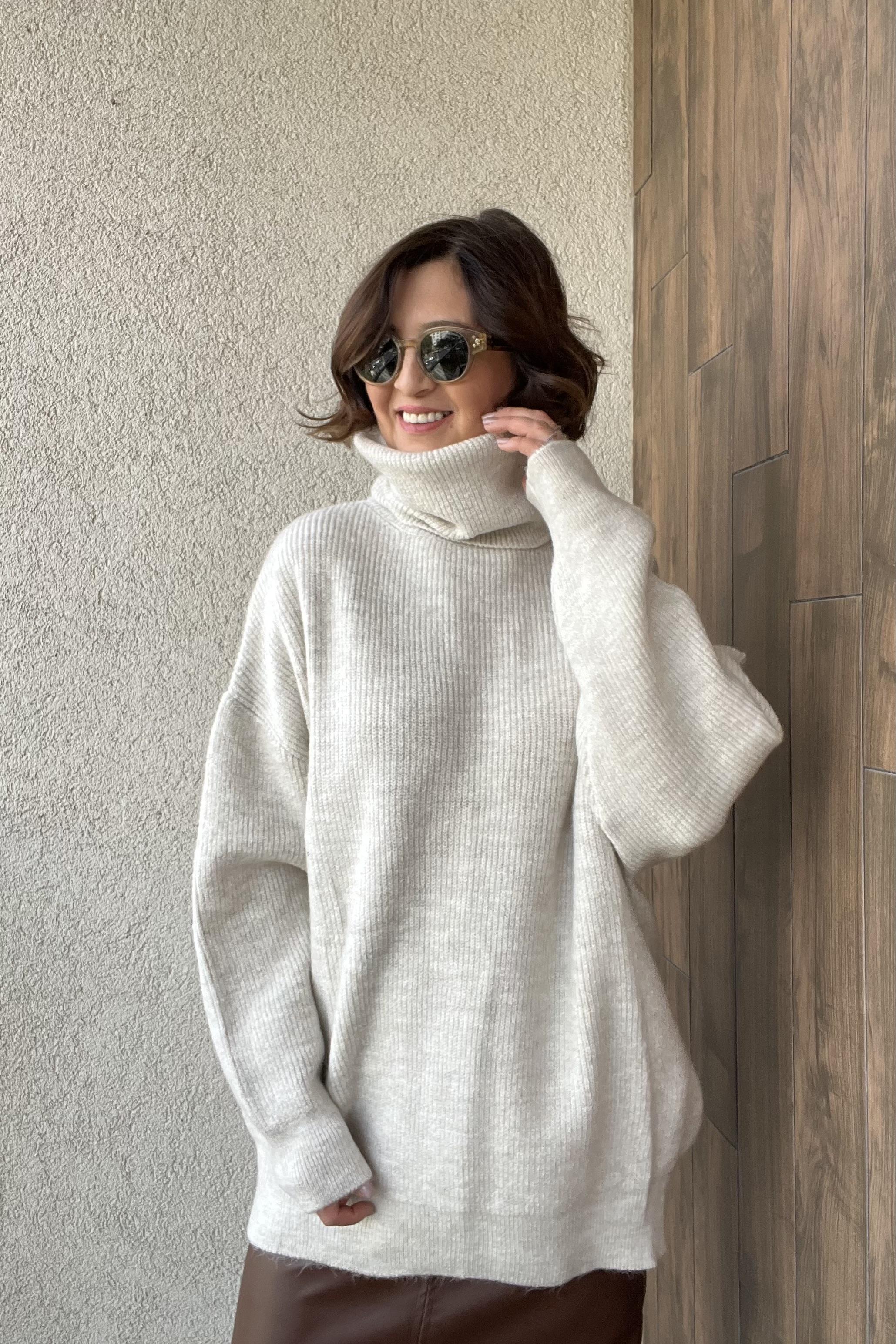 BALIKÇI YAKA OVERSİZE BEJ  KAZAK