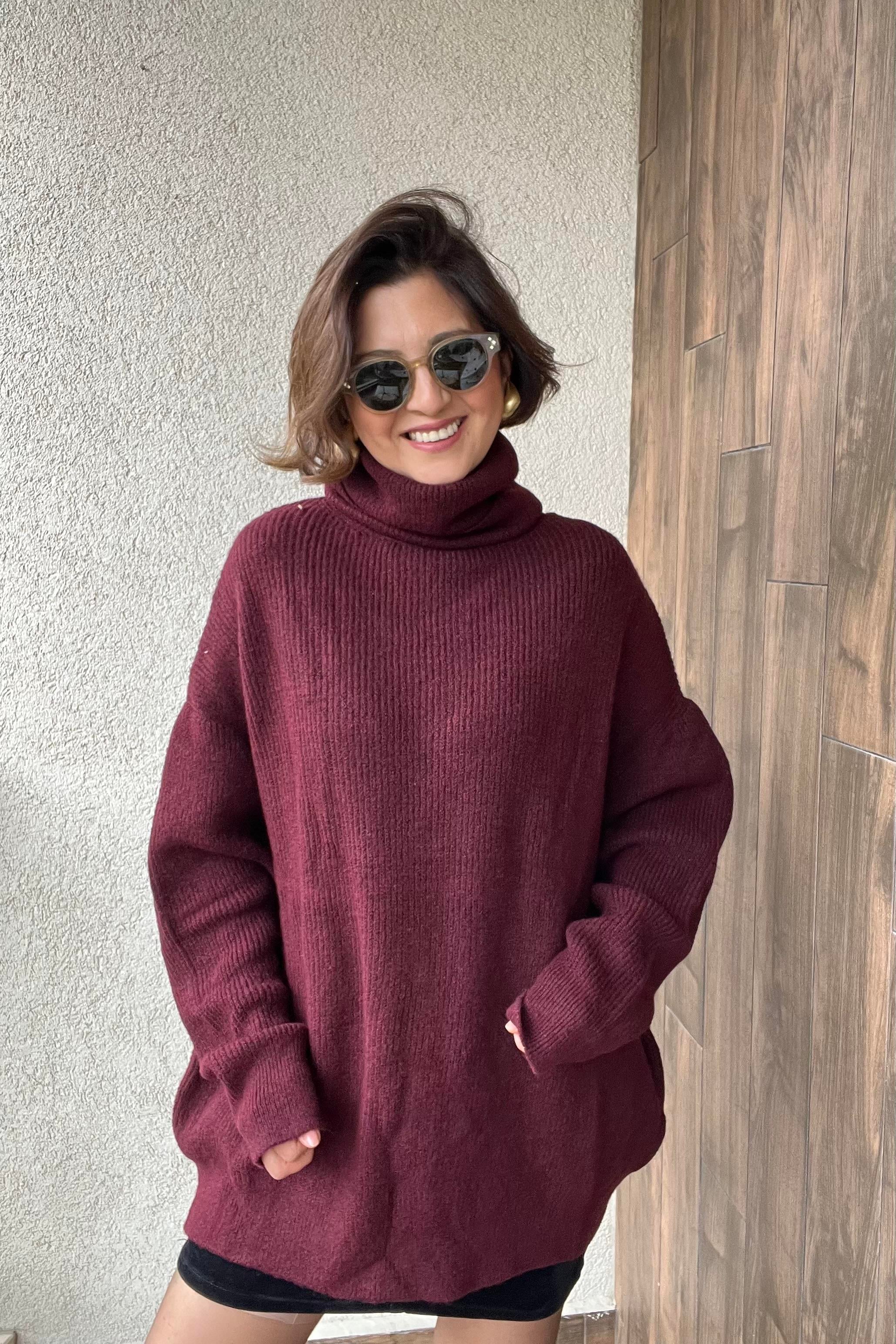 BALIKÇI YAKA OVERSİZE BORDO KAZAK