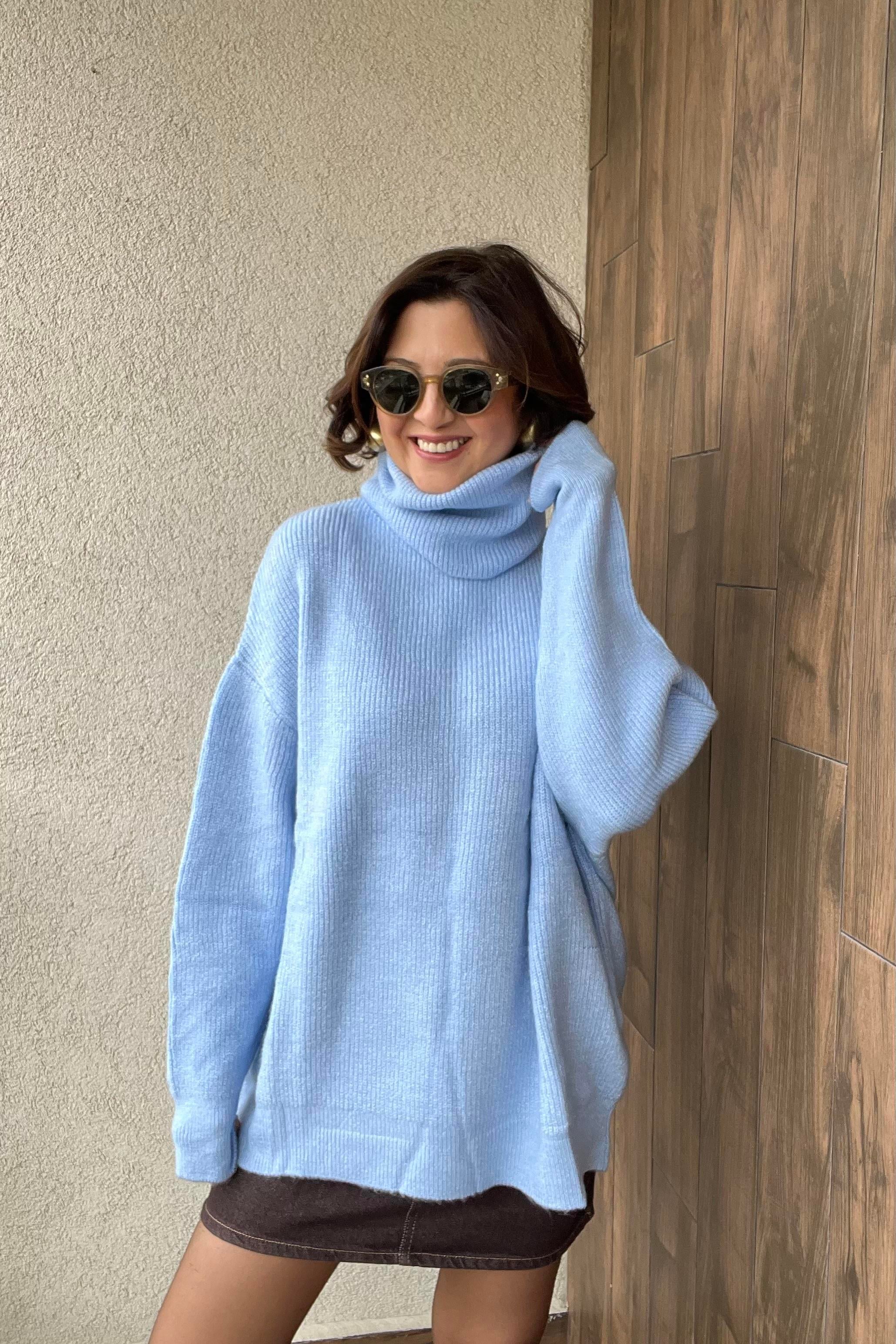 BALIKÇI YAKA OVERSİZE MAVİ KAZAK