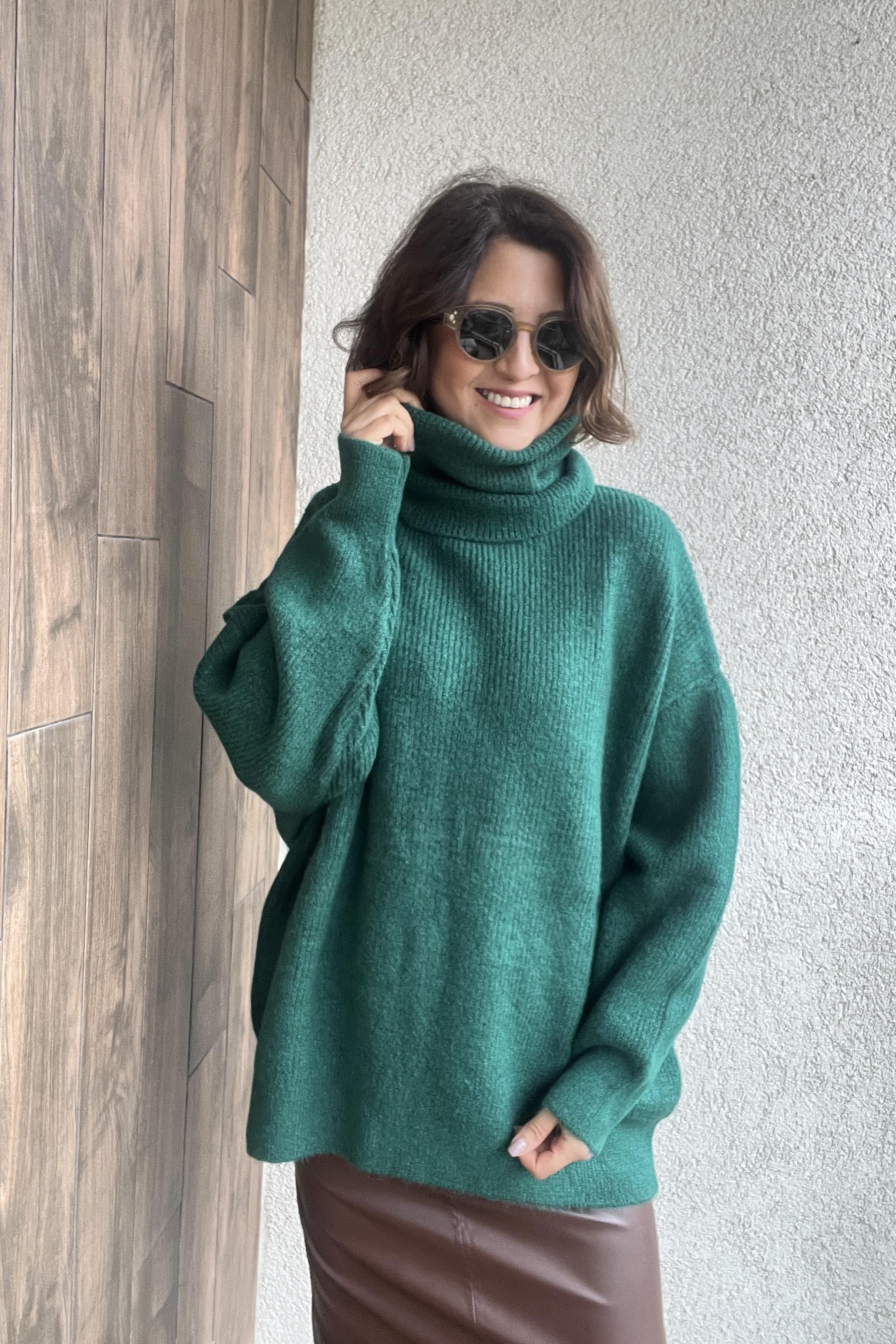 BALIKÇI YAKA OVERSİZE ZÜMRÜT YEŞİL KAZAK