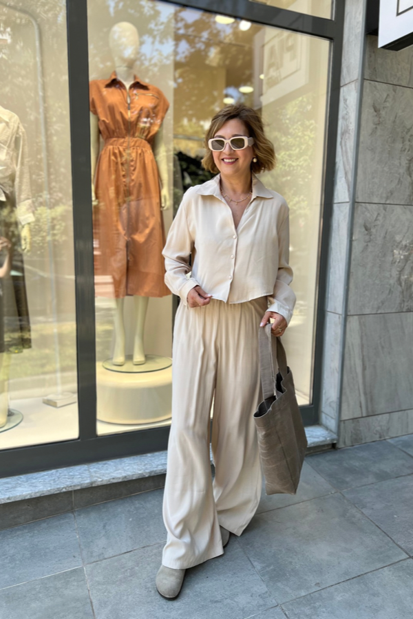BEJ RENGİ BELİ LASTİKLİ BLUZ PANTOLON TAKIM