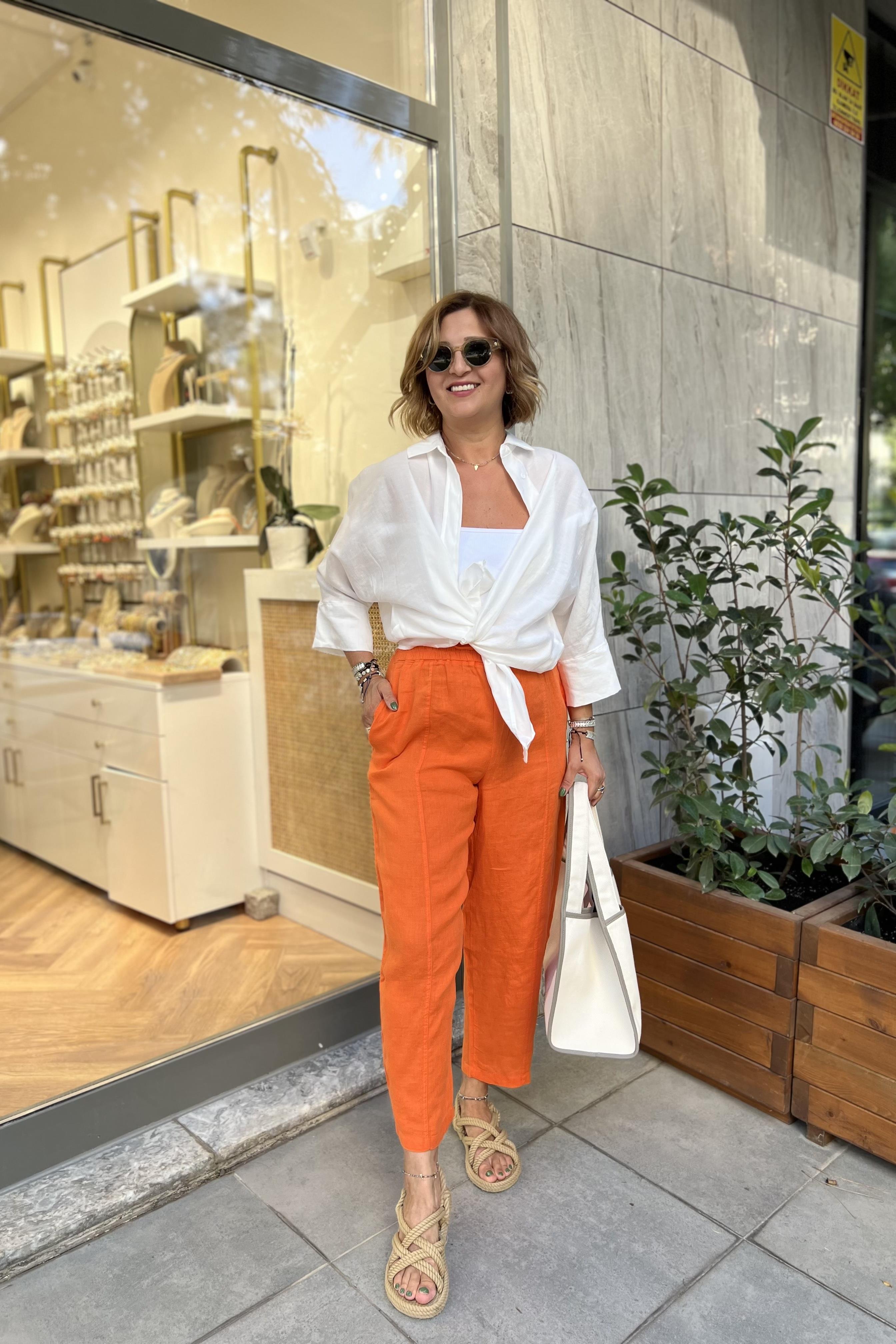 BELİ LASTİKLİ TURUNCU KETEN PANTOLON
