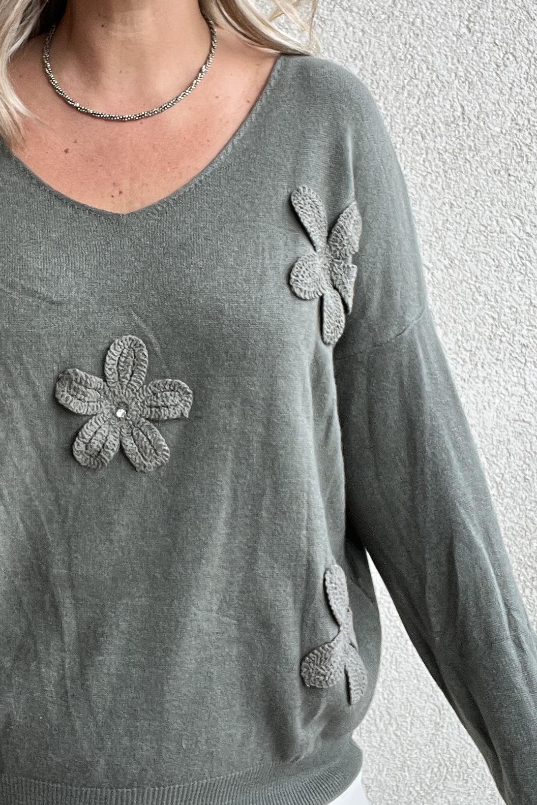 ÇİÇEK KABARTMALI V YAKA HAKİ İTALYAN KAZAK