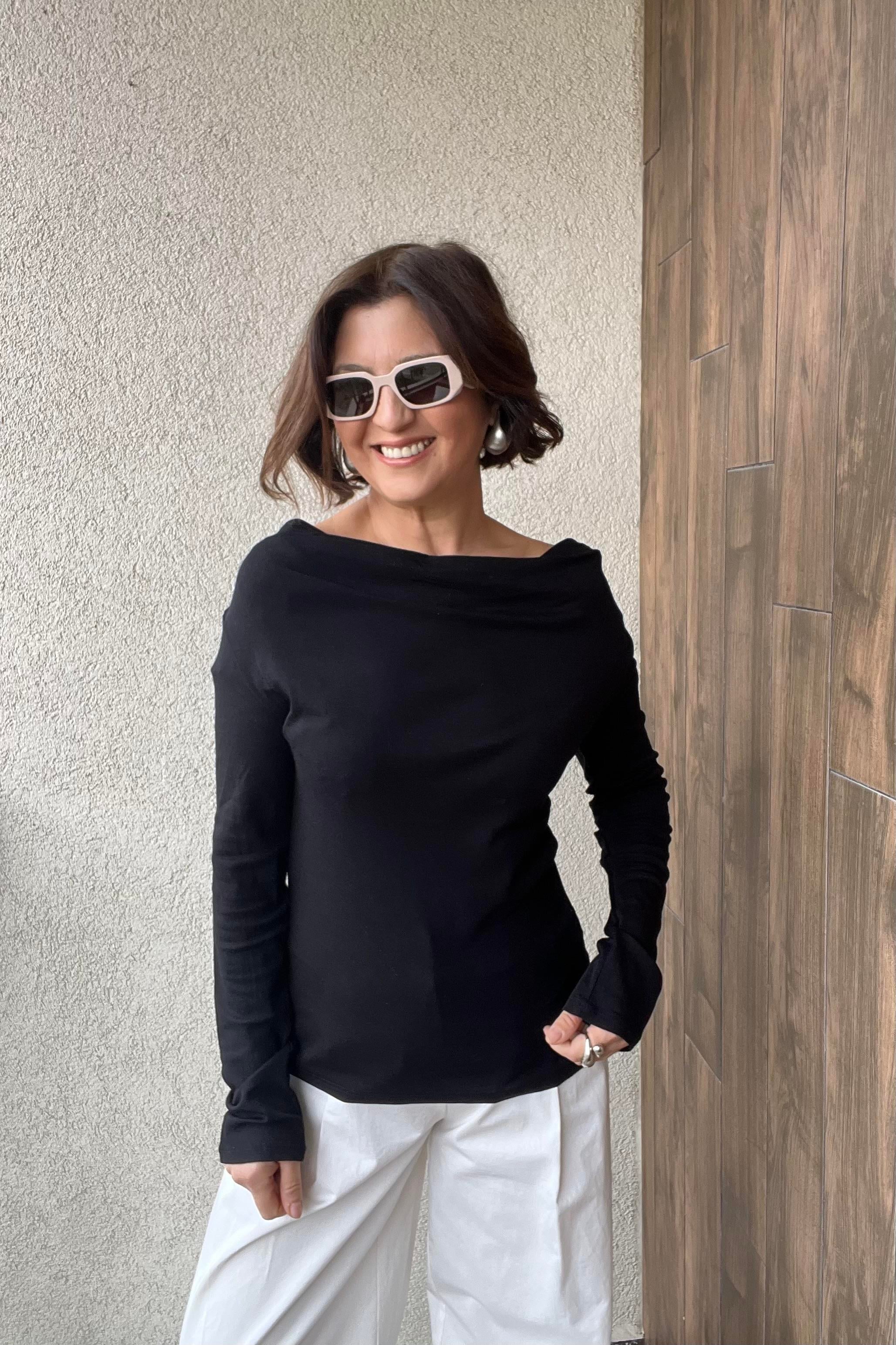 DİLVİN DEGAJE YAKA UZUN KOLLU TOP - Siyah