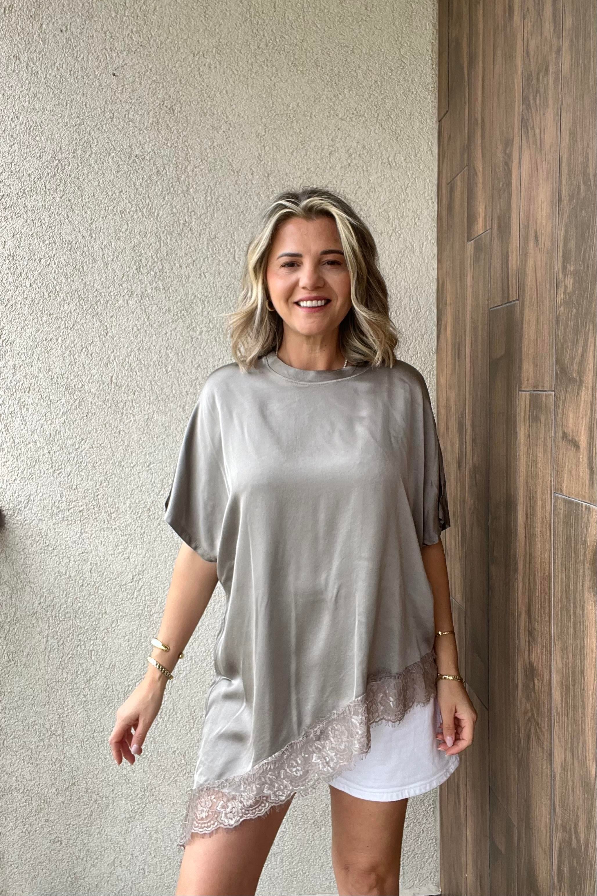 İTALYAM ASİMETRİK SATEN BLUZ - Vizon