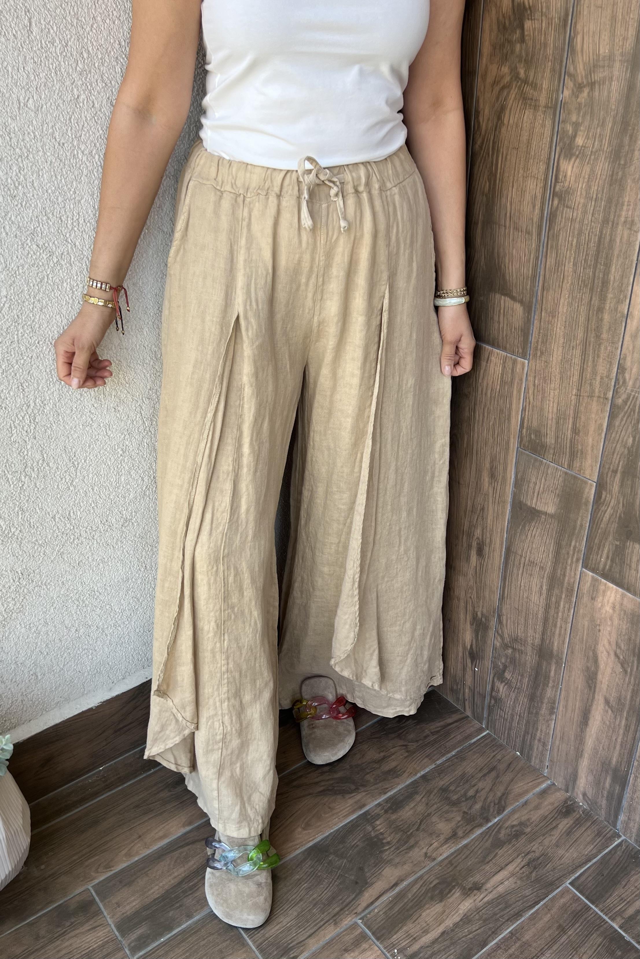 İTALYAN BOL PAÇA KETEN PANTOLON - Camel
