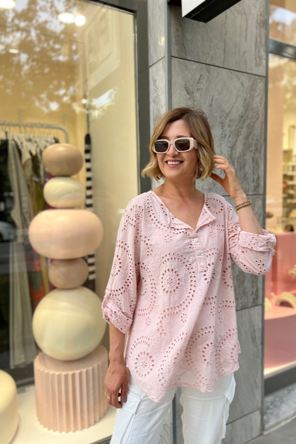 İTALYAN ÇİFT PARÇALI DELİKLİ PEMBE BLUZ