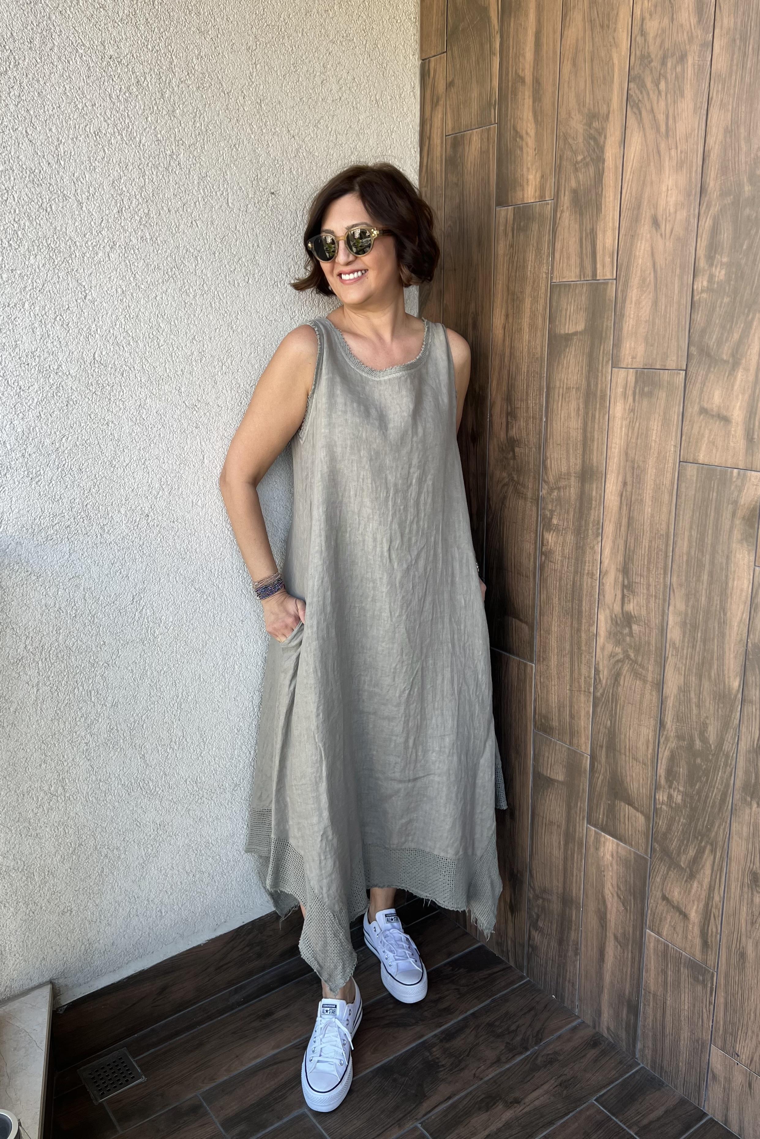 İTALYAN FİLE DETAYLI KETEN ELBİSE - Haki