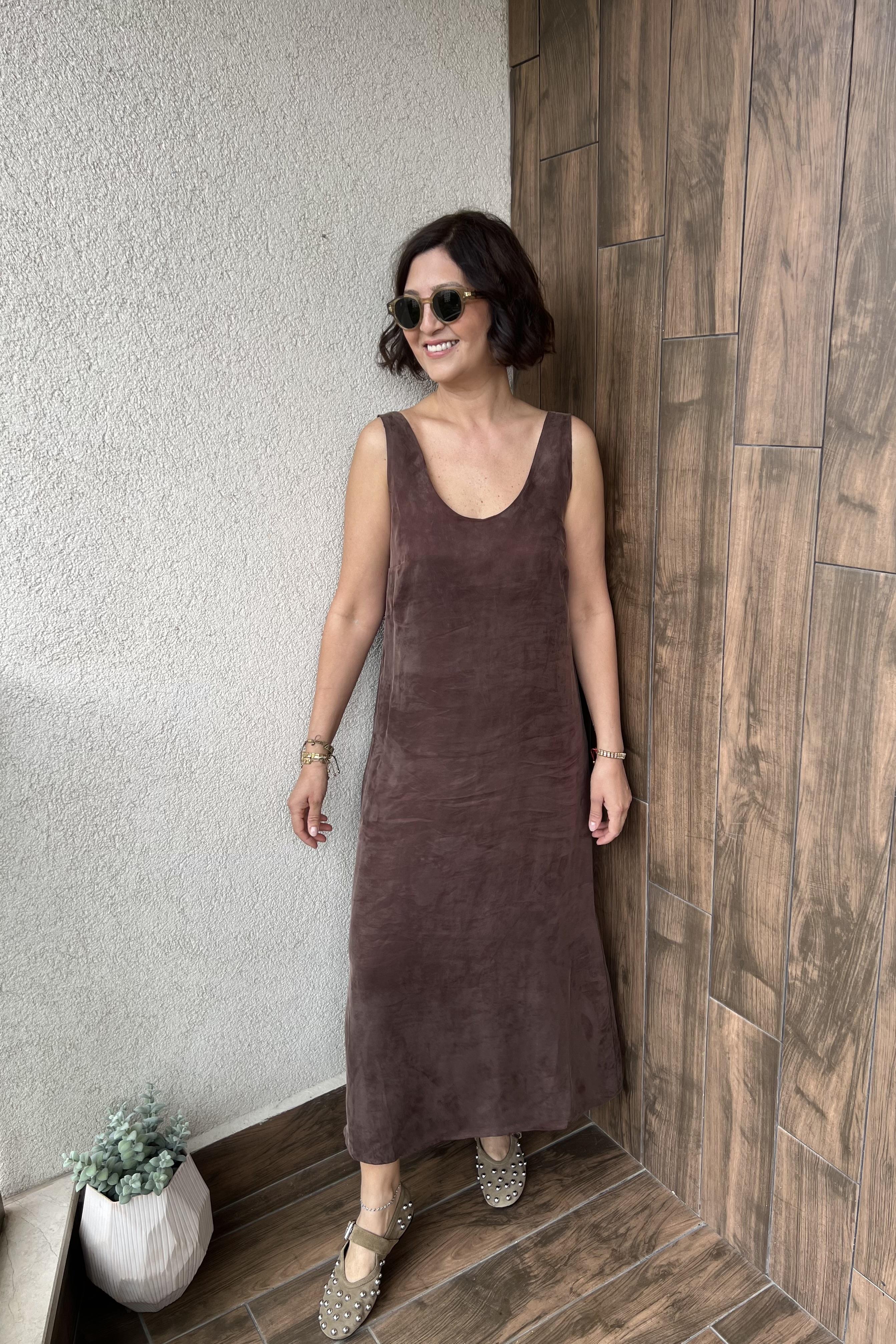 KOLSUZ LYOSEL ELBİSE - Kahve