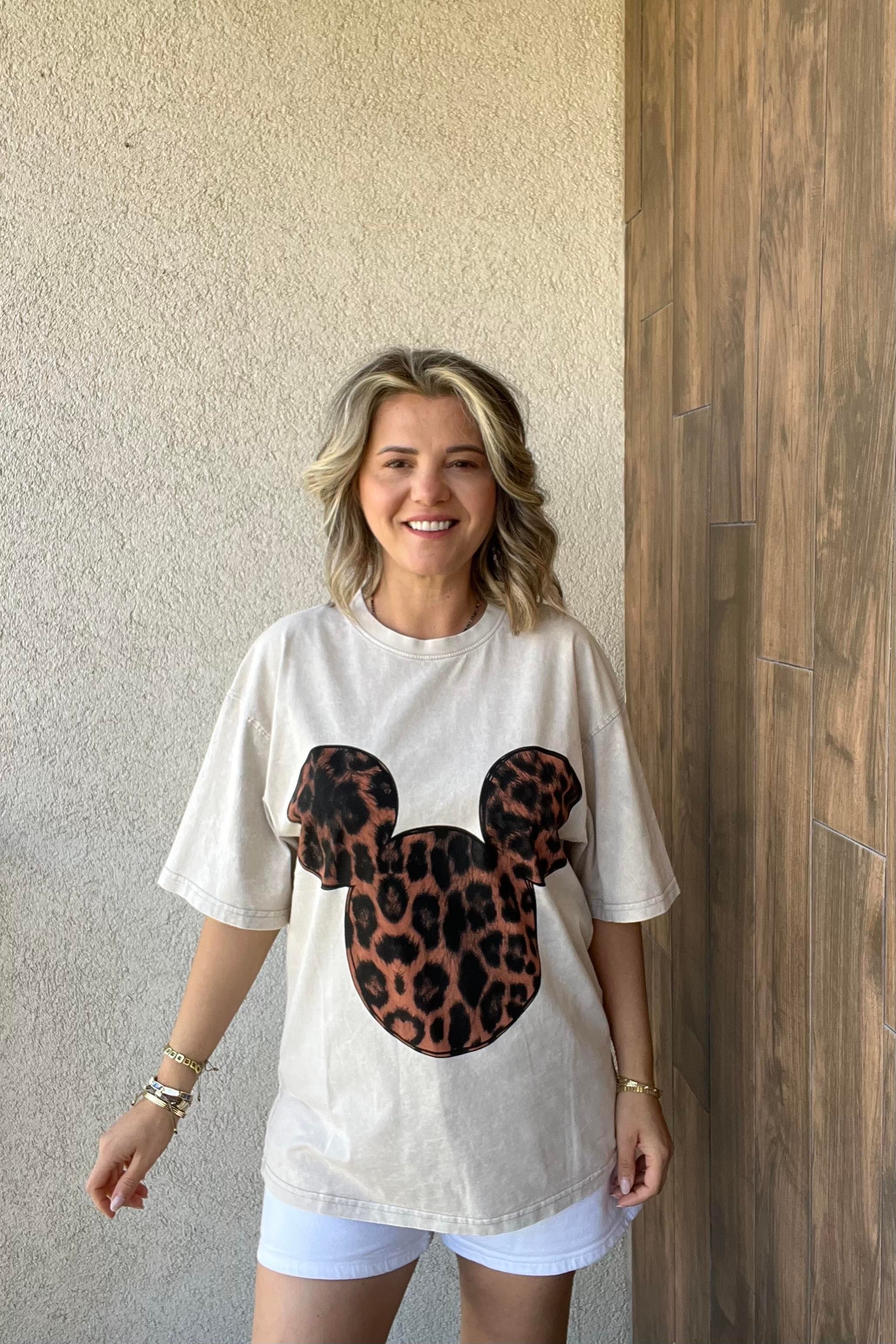 LEOPAR MICKEY BASKILI OVERSİZE TİŞÖRT - Bej