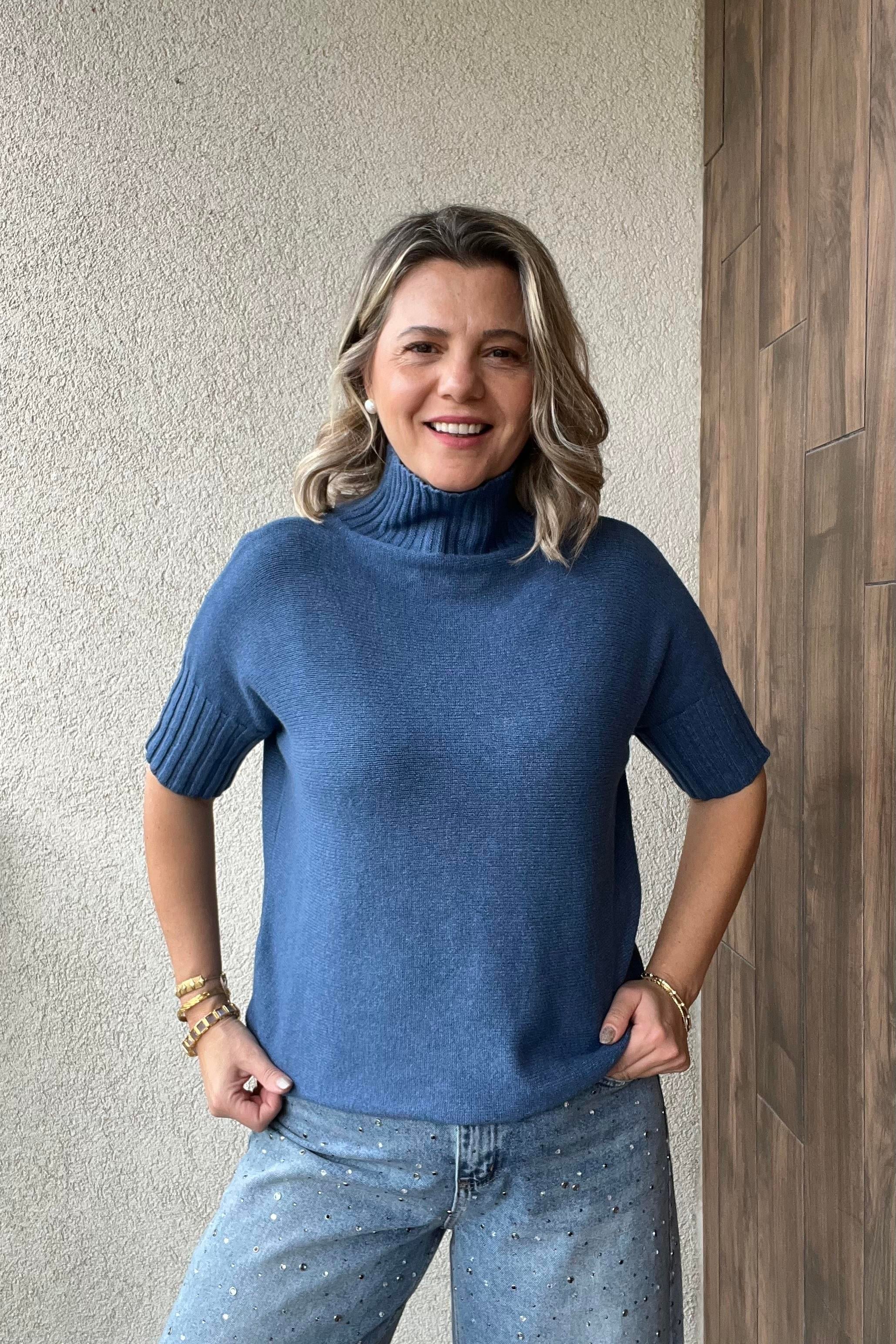 MAVİ BALIKÇI YAKA KISA KOL İTALYAN KAZAK